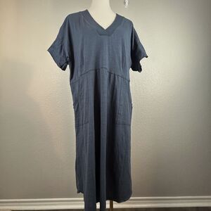 Umgee Women's Cotton Midi Dress Blue Pockets V-neck Short Sleeve Oversized sz M
